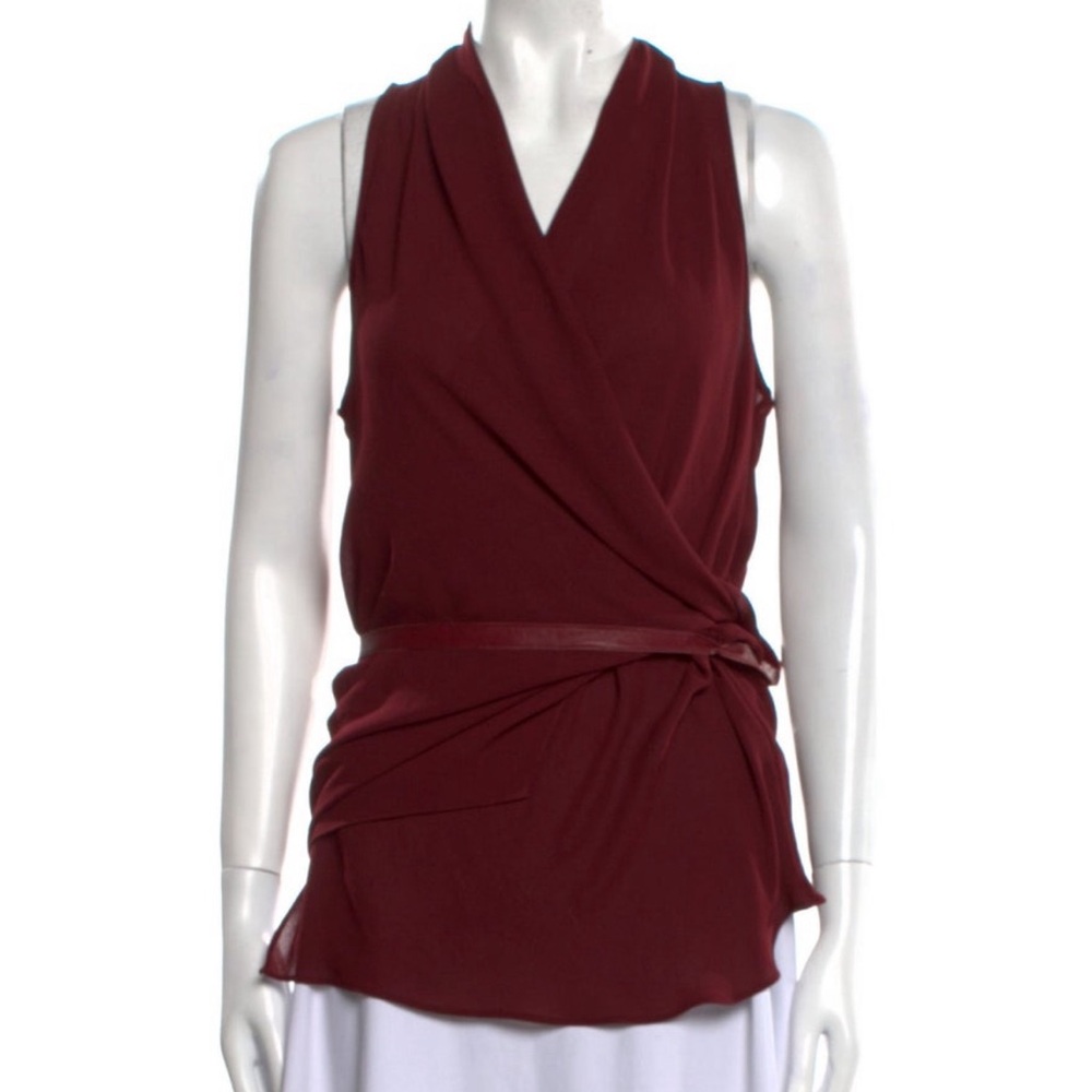Helmut Lang V-neck maroon sleeveless blouse with belt and asymmetrical drapes